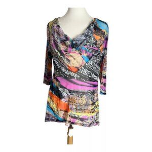 Lynn Ritchie Silver Shirt XS Sheer Top Abstract Art To Wear Multi Color Vintage